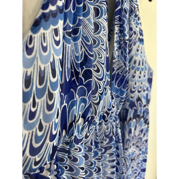 BOSTON PROPER Size 10 Boho Summer Peasant Tiered Maxi Dress Blue Feather Print - Picture 10 of 13